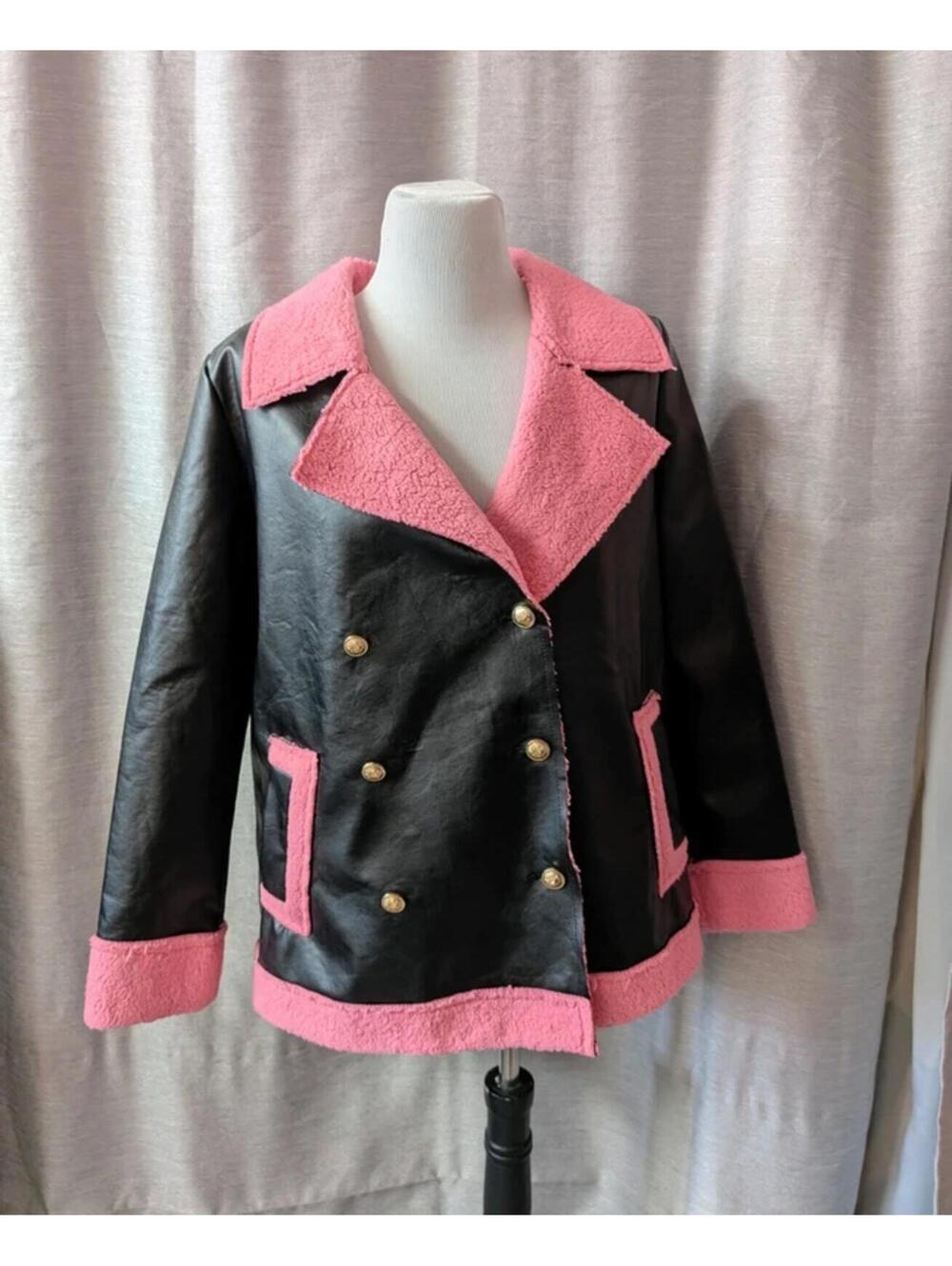 Black Pink Pea Coat Jacket Vinyl Double Breasted Coat M
